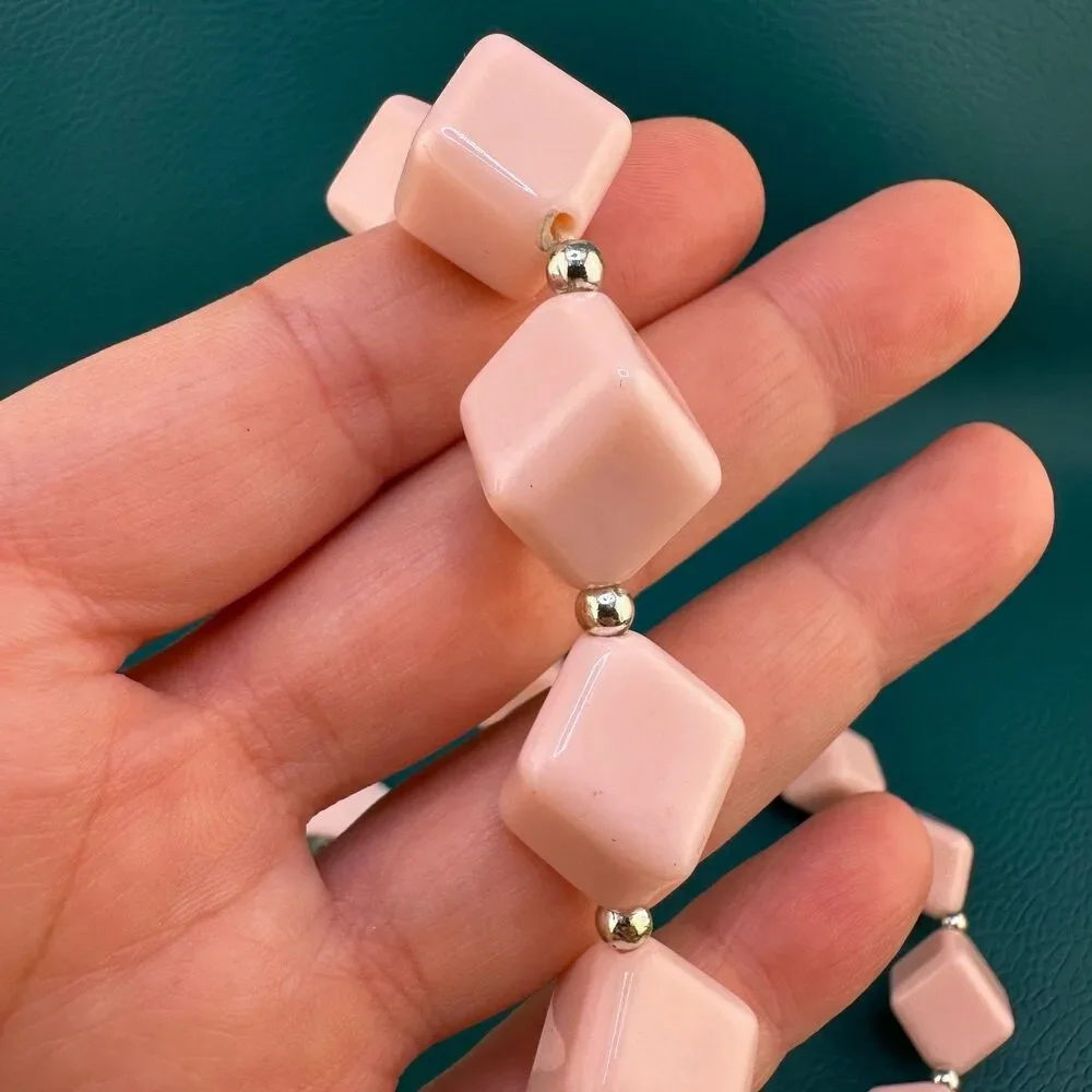 Vintage Necklace Clip Earrings Set Light Pink Acrylic Cube Bead Silver Tone 17.5